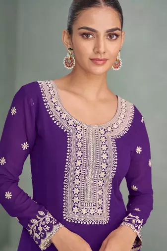 Purple thread embroidery & sequins work georgette anarkali suit - free size stitching (size upto 42")