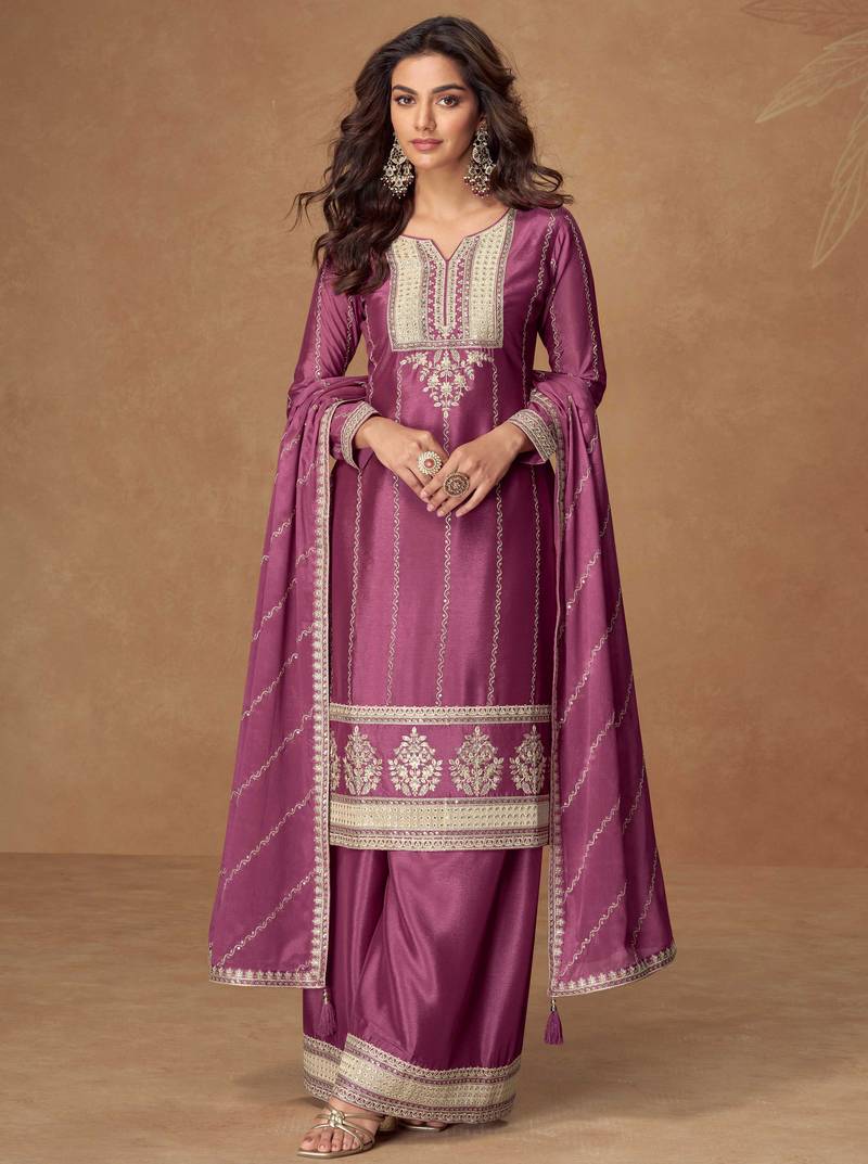 Purple embroidery, zari & sequins work chinnon silk straight palazzo suit - free size stitching (size upto 42")