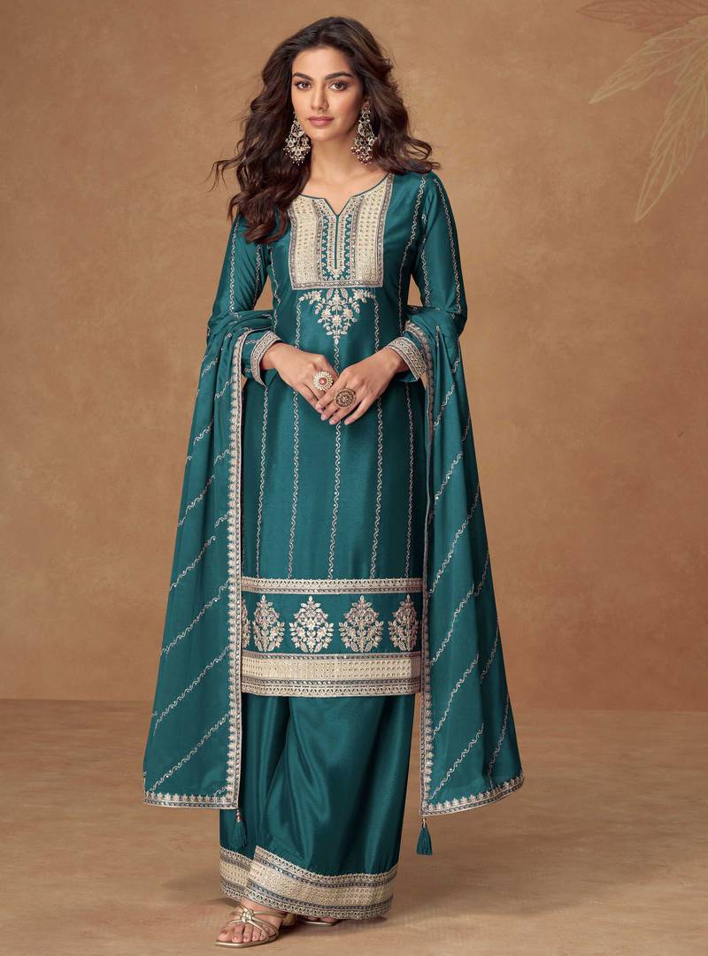 Teal blue embroidery, zari & sequins work chinnon silk straight palazzo suit - free size stitching (size upto 42")