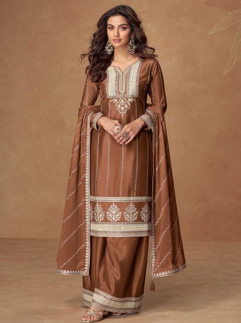 Brown embroidery, zari & sequins work chinnon silk straight palazzo suit - free size stitching (size upto 42")