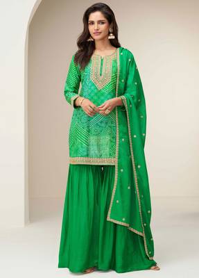 Lime green embroidered zari work & printed top chinnon silk straight palazzo suit - free size stitching (size upto 42") 1