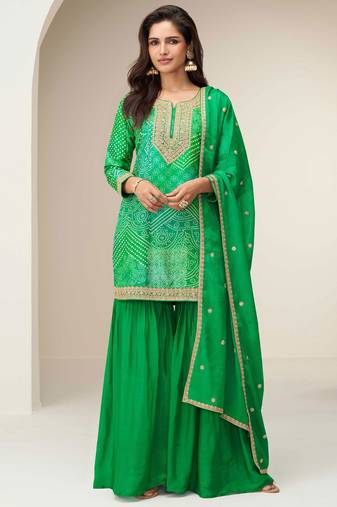 Lime green embroidered zari work & printed top chinnon silk straight palazzo suit - free size stitching (size upto 42")
