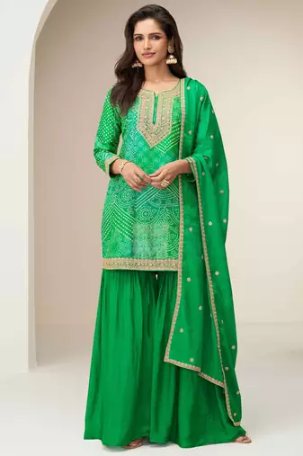 Lime green embroidered zari work & printed top chinnon silk straight palazzo suit - free size stitching (size upto 42")