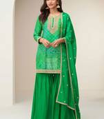 Lime green embroidered zari work & printed top chinnon silk straight palazzo suit - free size stitching (size upto 42")