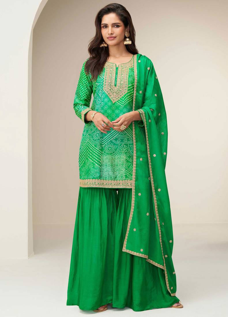 Lime green embroidered zari work & printed top chinnon silk straight palazzo suit - free size stitching (size upto 42")