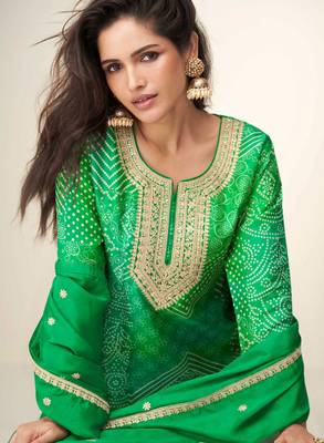 Lime green embroidered zari work & printed top chinnon silk straight palazzo suit - free size stitching (size upto 42") 2