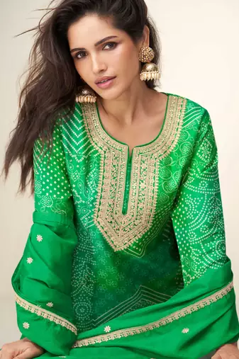 Lime green embroidered zari work & printed top chinnon silk straight palazzo suit - free size stitching (size upto 42")