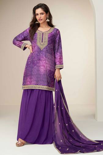 Purple embroidered zari work & printed top chinnon silk straight palazzo suit - free size stitching (size upto 42")