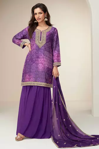Purple embroidered zari work & printed top chinnon silk straight palazzo suit - free size stitching (size upto 42")