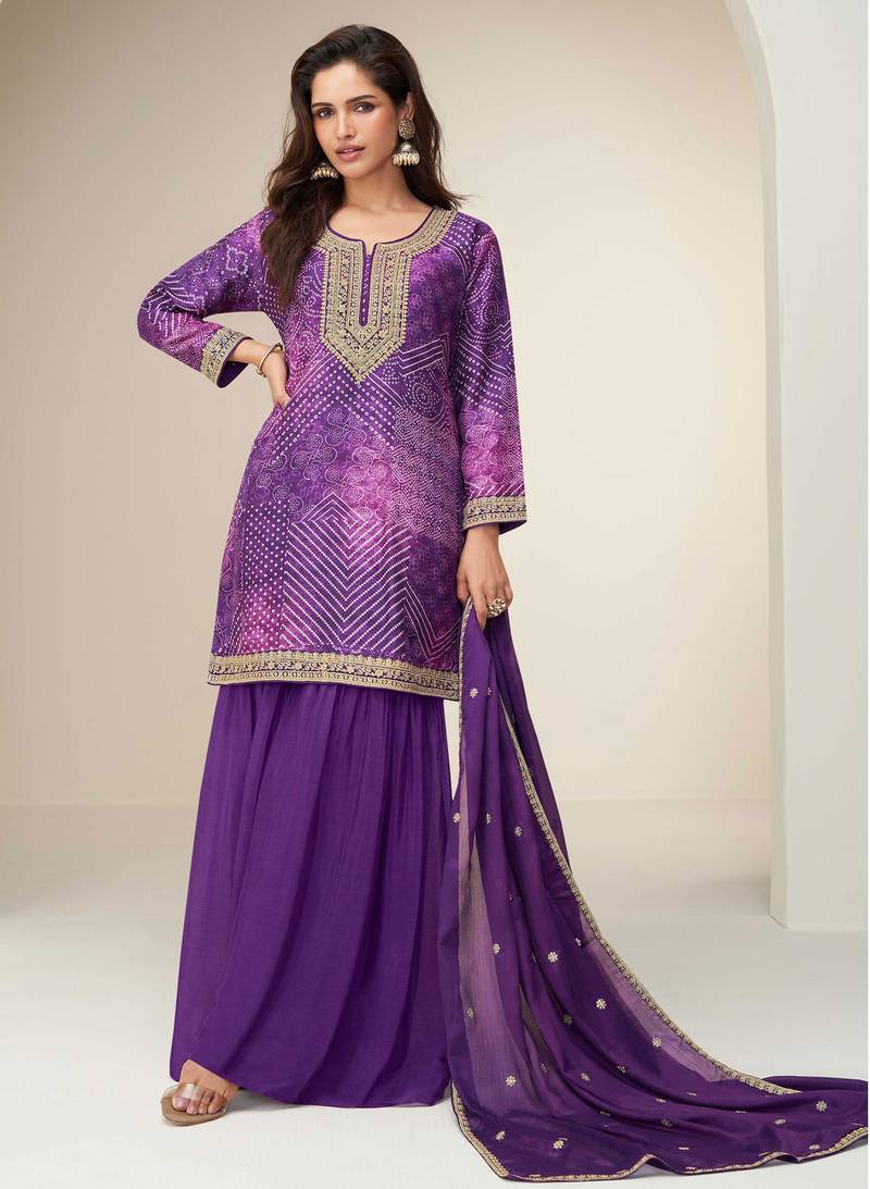 Purple embroidered zari work & printed top chinnon silk straight palazzo suit - free size stitching (size upto 42")