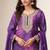 Purple embroidered zari work & printed top chinnon silk straight palazzo suit - free size stitching (size upto 42")