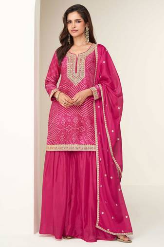 Pink embroidered zari work & printed top chinnon silk straight palazzo suit - free size stitching (size upto 42")