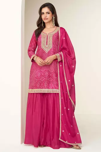 Pink embroidered zari work & printed top chinnon silk straight palazzo suit - free size stitching (size upto 42")