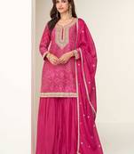 Pink embroidered zari work & printed top chinnon silk straight palazzo suit - free size stitching (size upto 42")