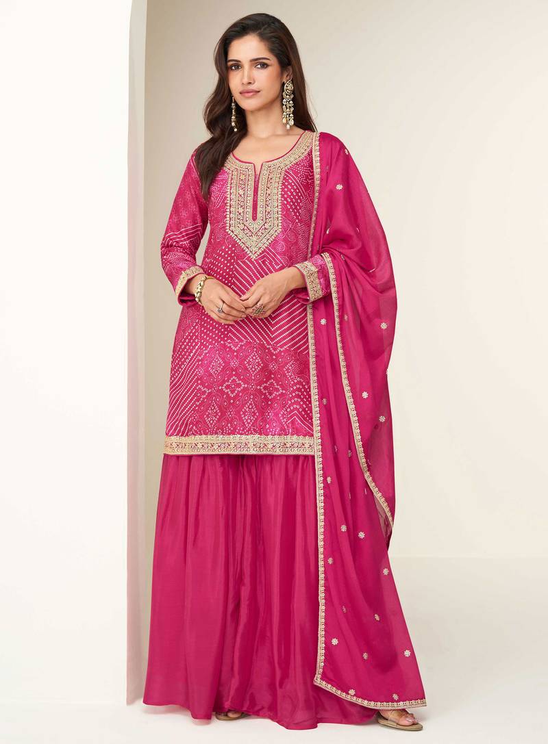 Pink embroidered zari work & printed top chinnon silk straight palazzo suit - free size stitching (size upto 42")