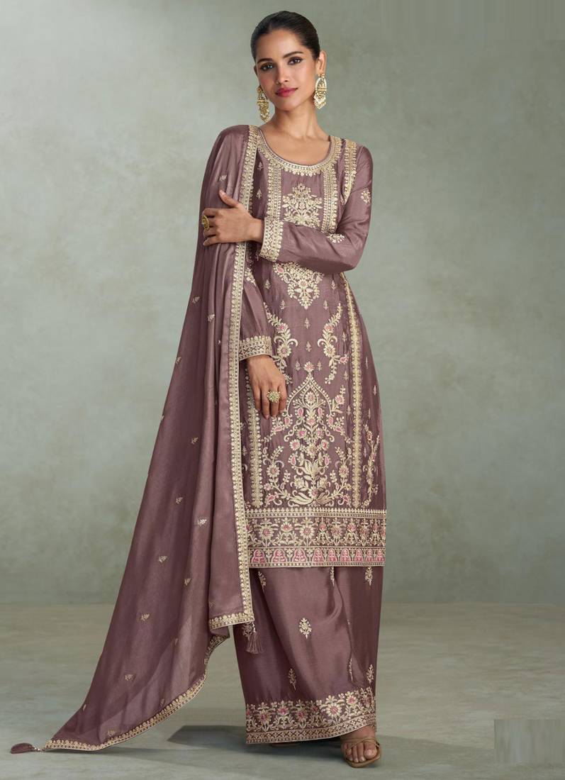 Mauve embroidered & sequins work chinnon silk straight palazzo suit - free size stitching (size upto 42")