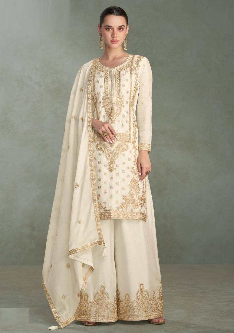 Off white embroidered & sequins work chinnon silk straight palazzo suit - free size stitching (size upto 42")
