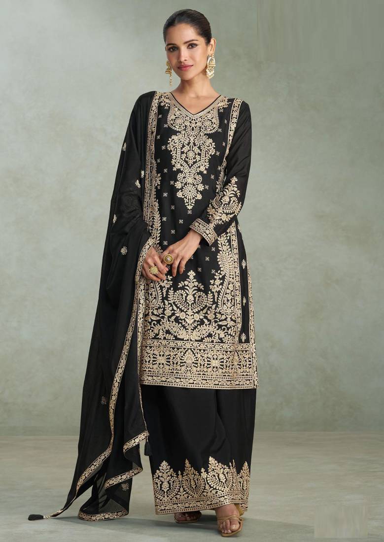 Black embroidered & sequins work chinnon silk straight palazzo suit - free size stitching (size upto 42")