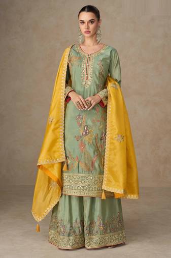 Green thraed embroidery & sequins work simar silk straight palazzo suit - free size stitching (size upto 42")