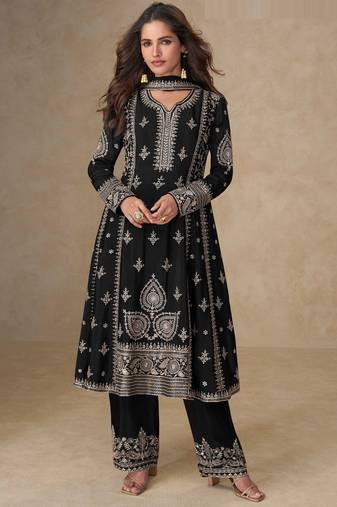 Black embroidery, mirror & sequins work chinnon silk anarkali palazzo suit - free size stitching (size upto 42")