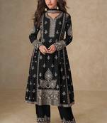 Black embroidery, mirror & sequins work chinnon silk anarkali palazzo suit - free size stitching (size upto 42")