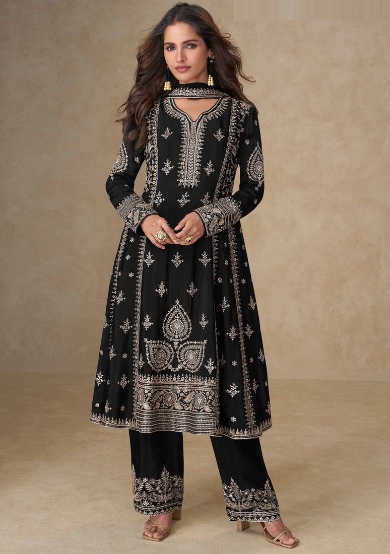 Black embroidery, mirror & sequins work chinnon silk anarkali palazzo suit - free size stitching (size upto 42")