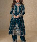 Teal blue embroidery, mirror & sequins work chinnon silk anarkali palazzo suit - free size stitching (size upto 42")