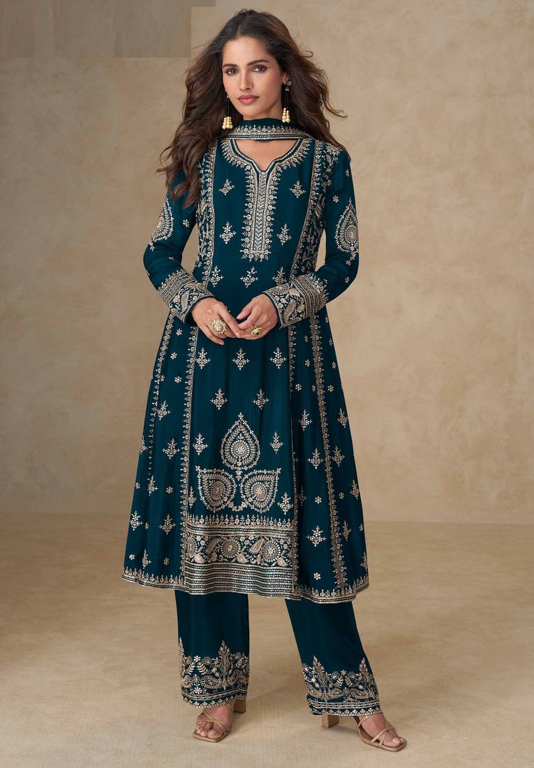 Teal blue embroidery, mirror & sequins work chinnon silk anarkali palazzo suit - free size stitching (size upto 42")