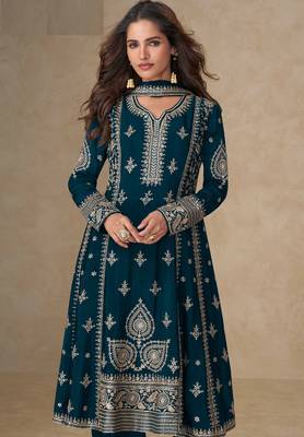Teal blue embroidery, mirror & sequins work chinnon silk anarkali palazzo suit - free size stitching (size upto 42") 2