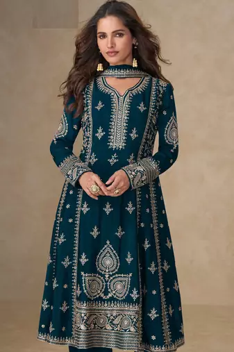 Teal blue embroidery, mirror & sequins work chinnon silk anarkali palazzo suit - free size stitching (size upto 42")