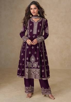 Wine embroidery, mirror & sequins work chinnon silk anarkali palazzo suit - free size stitching (size upto 42") 1
