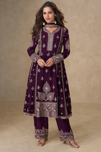 Wine embroidery, mirror & sequins work chinnon silk anarkali palazzo suit - free size stitching (size upto 42")