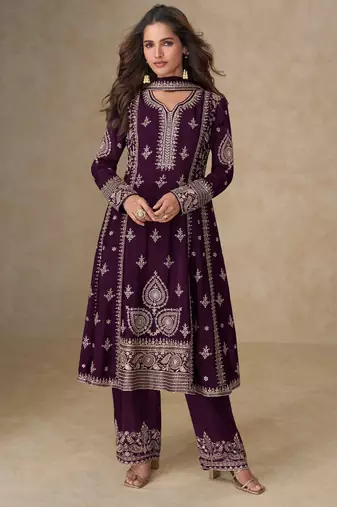 Wine embroidery, mirror & sequins work chinnon silk anarkali palazzo suit - free size stitching (size upto 42")