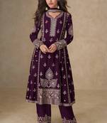 Wine embroidery, mirror & sequins work chinnon silk anarkali palazzo suit - free size stitching (size upto 42")