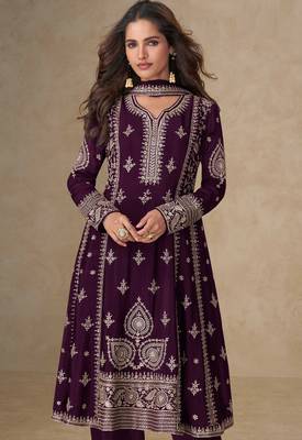 Wine embroidery, mirror & sequins work chinnon silk anarkali palazzo suit - free size stitching (size upto 42") 2