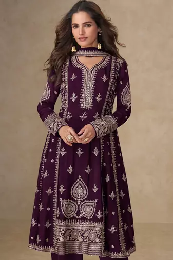 Wine embroidery, mirror & sequins work chinnon silk anarkali palazzo suit - free size stitching (size upto 42")