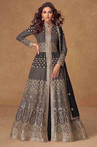 Black embroidery & sequins work georgette anarkali lehanga suit - free size stitching (size upto 42")