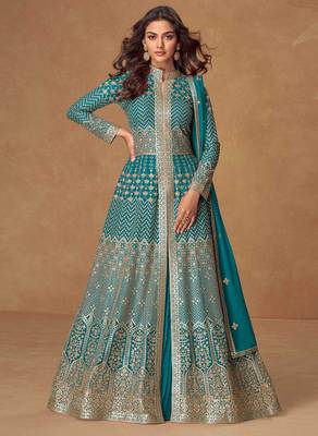 Blue embroidery & sequins work georgette anarkali lehanga suit - free size stitching (size upto 42") 1