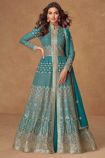 Blue embroidery & sequins work georgette anarkali lehanga suit - free size stitching (size upto 42")
