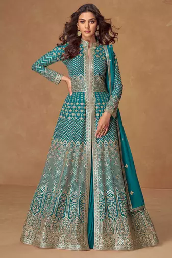 Blue embroidery & sequins work georgette anarkali lehanga suit - free size stitching (size upto 42")