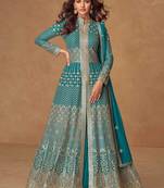Blue embroidery & sequins work georgette anarkali lehanga suit - free size stitching (size upto 42")