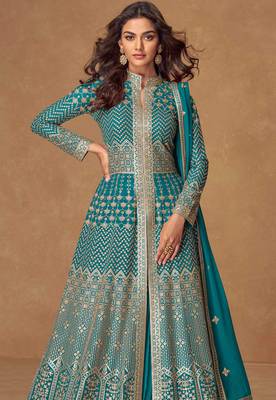 Blue embroidery & sequins work georgette anarkali lehanga suit - free size stitching (size upto 42") 2