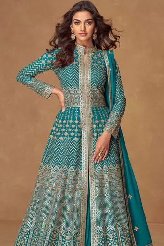 Blue embroidery & sequins work georgette anarkali lehanga suit - free size stitching (size upto 42")