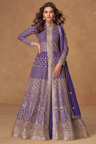 Purple embroidery & sequins work georgette anarkali lehanga suit - free size stitching (size upto 42")