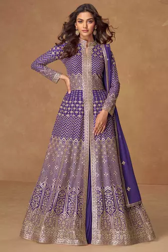 Purple embroidery & sequins work georgette anarkali lehanga suit - free size stitching (size upto 42")