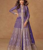 Purple embroidery & sequins work georgette anarkali lehanga suit - free size stitching (size upto 42")
