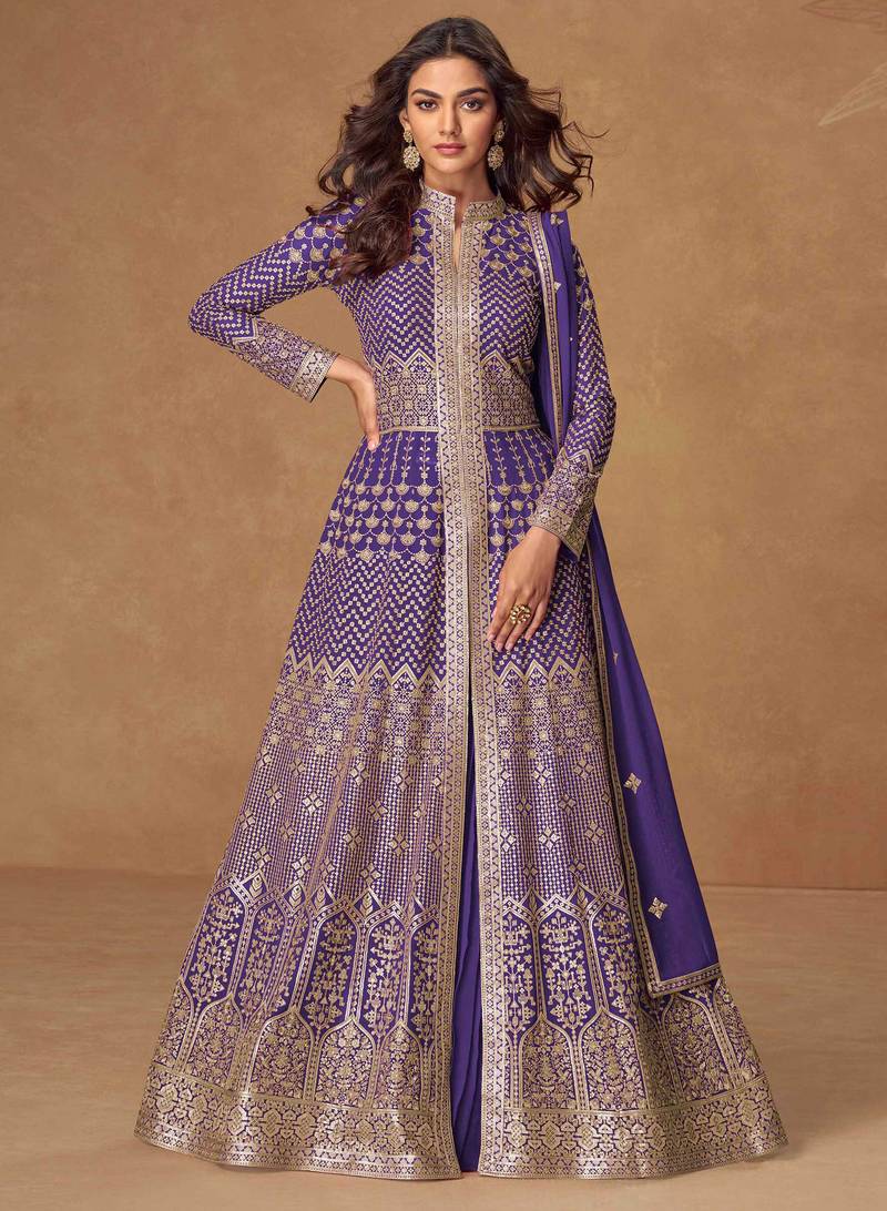 Purple embroidery & sequins work georgette anarkali lehanga suit - free size stitching (size upto 42")