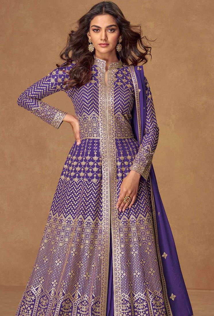 Purple embroidery & sequins work georgette anarkali lehanga suit - free size stitching (size upto 42")