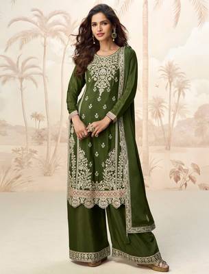 Mehndi green embroidery & sequins work chinnon silk straight palazzo suit - free size stitching (size upto 42") 1