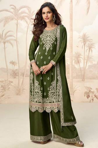 Mehndi green embroidery & sequins work chinnon silk straight palazzo suit - free size stitching (size upto 42")